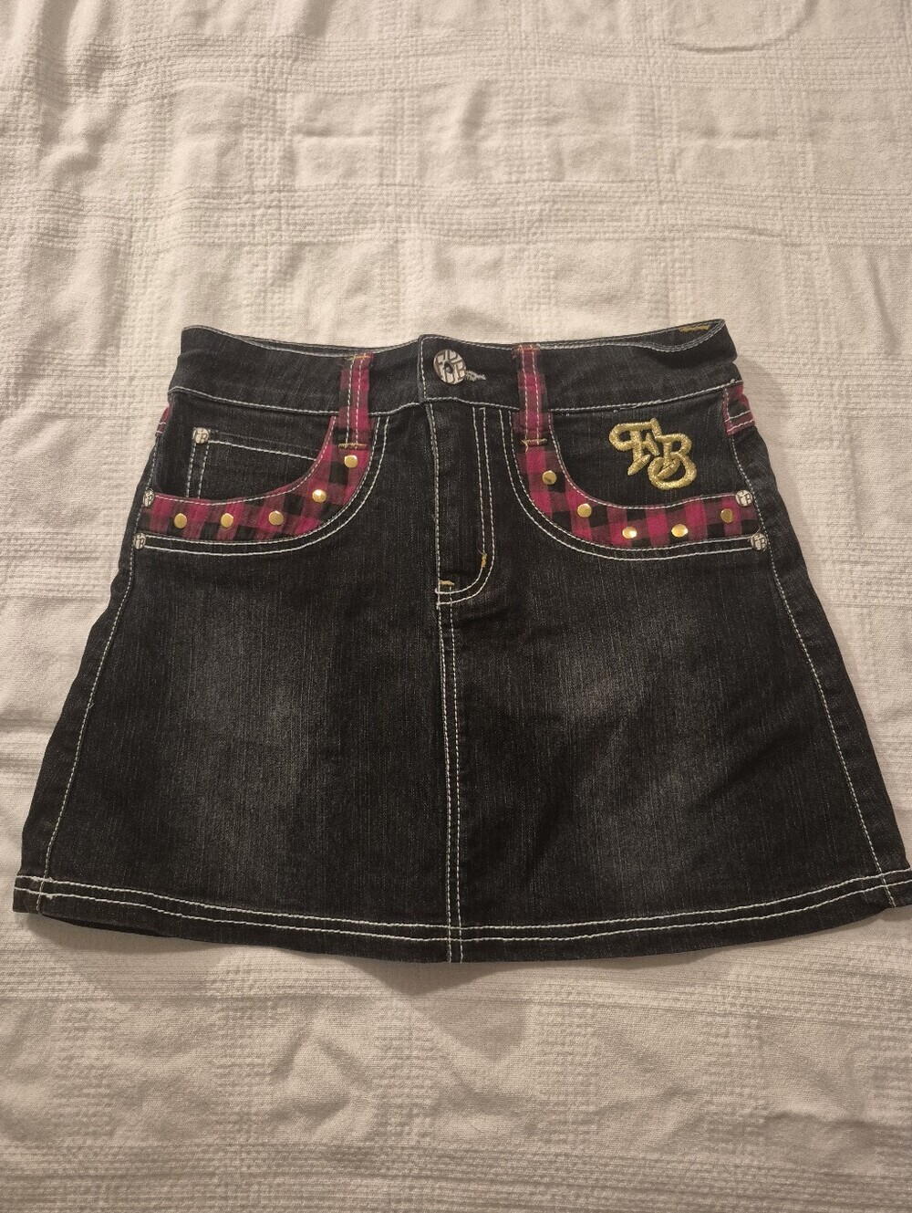 Fubu girls size 10 black jean embroidered skirt EUC